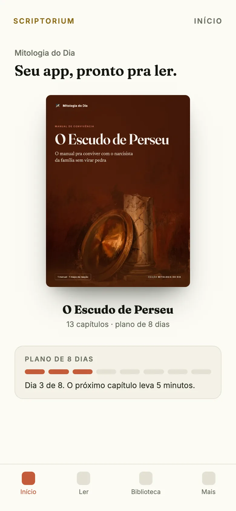 Capa do app: o ebook O Escudo de Perseu aberto na tela Início, com o plano de 8 dias